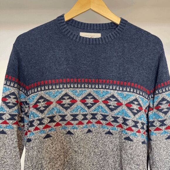Hollister Mens Fair Isle Crew Neck Sweater Blue Gray Knit Pullover - Picture 1 of 8
